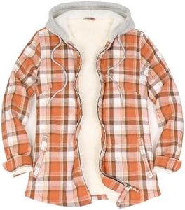 ZENTHACE Women's Soft Fleece Lined Flannel Shirt Jacket Zip Up Hooded Plaid Shacket Cozy Casual Fall Winter Hoodies Orange S