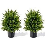 Goplus 21.5” Artificial Cedar Topiary Ball Tree, Set of 2 Faux Potted Plants Artificial Shrubs Bushes with Cement Pot, Fake Evergreen Artificial Topiary for Indoor Outdoor Home Front Porch Decor