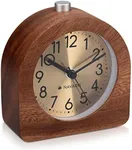 Navaris Wood Analog Alarm Clock - Half-Round Gold Face Battery-Operated Non-Ticking Clock with Snooze Button and Light - Dark Brown