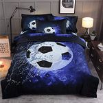 Guidear Blue Flame Soccer Bedding Set for Children Boys,3D Printed Football Quilt Cover Set with 2 Pillowcases,Fire and Ice Duvet Cover with Zipper Closure Queen Size 90" X 90"