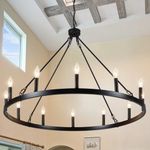 LJHhowe Black Wagon Wheel Chandelier 38" Large Rustic Farmhouse Chandelier 12 Lights Candle Round Chandeliers Pendant Light Ceiling Hanging for Dining Room,Kitchen Island,Foyer,Living Room,Entryway