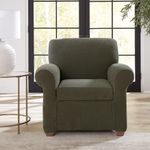 SureFit Stretch Pique Chair Slipcovers, Two Piece Chair Cover includes Slipcover and One Cushion Cover for a Secure Fit, Machine Washable Geometric Patterned Cushion and Chair Covers, Olive
