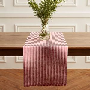 Solino Home 100% Pure Linen Table Runner 14x156 Inch - Narrow Stripe Red and White Cloth Runner for Dining Buffet Table, Indoor, Outdoor - Machine Washable - Memorial Day, 4th of July