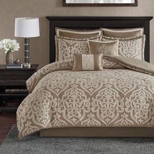 Madison Park Odette Cozy Comforter Set Jacquard Damask Medallion Design - Modern All Season, Down Alternative Bedding, Shams, Decorative Pillows, Queen(90 in x 90 in), Tan 8 Piece