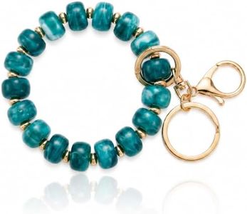 Elystara Dark Green Marble Acrylic Beaded Keychain Wristlet for Women, Teal Key Ring Bracelet for Car Keys, Cute Wristlet Keychain with Gold Clasp, Classic Purse Accessory