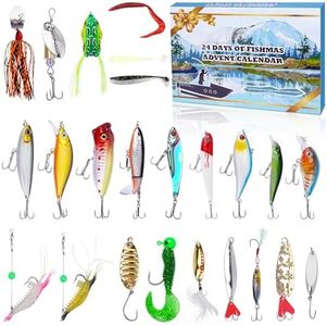 JEROKUMI Fishing Advent Calendar 2024, 24 Day Christmas Countdown Fishing Lure Kit Adults Men Teens Boys, Fishing Lure Advent Calendar with Popper Minnow VIB Fishing Bait，Christmas Gift