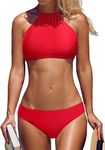 CharmLeaks Womens Solid Color Halter High Neck Bikini Swimsuit Set Cross Back Red M