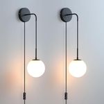 Plug in Wall Sconces Set of 2 Matte Black Wall Lamp Plug in with on/Off Switch Cord Plug in Wall Light with White Glass Shade Plug in Sconces Wall Lighting Globe Luminaire Mural Bedroom Lampe Murale