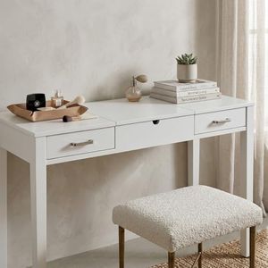 Hives and Honey Parsons Vanity Desk, Lift-Top Mirror, Storage, USB & Power Outlet, 2 Drawers, Smooth Glide, Modern Wood Grain Design, Brushed Chrome Hardware, Makeup & Dressing Table, White