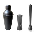 Dynore Stainless Steel 3 Pcs Bartender Set- Full Black Matte Cocktail Shaker- 750 ml, Black Muddler, Black Tall Peg Measure- 30/60 ml- Set of 3 Bar Set