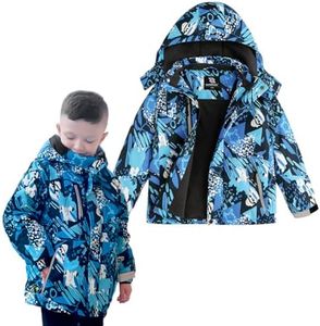 Simplee kids Boys Winter Coat Waterproof Ski Jacket Fleece Hooded Snow Warm Padded Raincoats, A-gblue&black Leafs, 6-7 Years