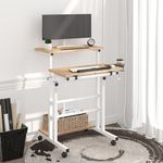 Klvied Mobile Standing Desk with Storage Bottom Shelf, Portable Stand Up Desk with Cup Holder, Adjustable Height Small Standing Desk, Rolling Desk with Wheels, Home Office Laptop Cart, Khaki