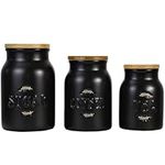 Karisky Canister Sets for Kitchen Counter, Ceramic Kitchen Canister with Airtight Bamboo Lids, Modern Farmhouse Coffee Tea Sugar Storage Jar for Countertop Decor, Set of 3, Black