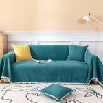 VClife Chenille Couch Cover Lace Flower Hem Turquoise Sofa Cover Thick Couch Cover for 2 Cushion Couch Sofa Cover 1 Piece Loveseat Cover Futon Cover for Dog Cat Washable Furniture Protector Cover