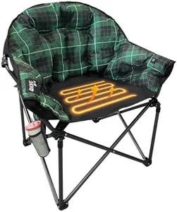 KINGROCK Heated Oversized Camping Chairs,Padded Patio Lounge Camp Chair,Round Moon Saucer Folding Lawn Chair with Folding Cup Holder and Carry Bag