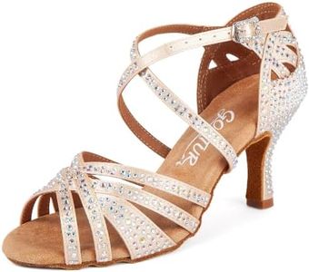 GOKTUR Women's Latin Dance Shoes Rhinestone 2.2" Heel Professional Satin Ballroom Salsa Performance Dancing Shoes (Beige 3inch Heels, Adult, Women, 7.5, Numeric, US Footwear Size System, Medium)