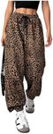 OYOANGLE Women's Leopard Print Drawstring Elastic Waist Jogger Pants Y2k Loose Casual Sweatpants Black Brown Medium