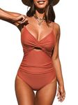 CUPSHE One Piece Swimsuit for Women Bathing Suits Twist Front Cutout Adjustable Straps Ruched Swimwear, Mecca Orange, Small