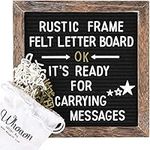 Rustic Wood Frame Black Felt Letter Board 10x10 inches. Pre-Cut White & Gold Letters, Symbols, Emojis, Simple Cursive Words + 2 Letter Bags, Scissors, Vintage Stand. by whoaon