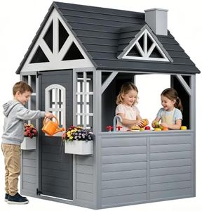 Aoxun Kids Outdoor Playhouse,Wooden Play House for Kids with Sink, Faucet, Chalkboard, Pet Door,Flowerpots, Chimney for Toddler Ages 3-8, Durable Playset for Children Creative Social Play(Grey)