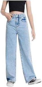 WDIRARA Girl's High Waisted Straight Leg Button Jeans Casual Pocket Denim Pants Light Wash 130