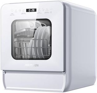 AIRMSEN Portable Countertop Dishwasher Mini Dishwasher with 5L Tank, 9 Programs, 37 * 50cm Ultra-Narrow & Deep Design, 1-24H Delay Start & 360° Dual Spray, Hose/No-Hose Setup, White