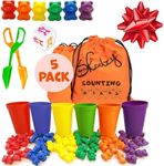 Skoolzy 60 pcs Rainbow Counting Bears 5 pk - Teddy Bear Bounters with 6 Color Sorting Cups, Math Games Dice Toy, Montessori Tong & 2 Storage Bags - Counting & Color Recognition Toys for Age 3+