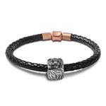 GNOCE Leather Bracelet for Men Women Copper Black Men's Braided Genuine Leather Bracelet with S925 Silver Tiger Square Charm Punk Wrist Cuff Bracelet Gift For Men (Black-Tiger, 21)