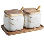 JFFLYIT 2 Sets of Marble Ceramic Sugar Bowl Ceramic Seasoning Jars with Wooden Lid and Wooden Spoon(White)