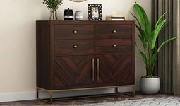 DEMIWALL Sheesham Wood Sideboard & Cabinets | Wooden Side Board Media Console Tv Cabinet for Living Room | Free Standing Buffet Cabinet with 4 Drawer & 2 Door Storage | Metal Leg, Provincial Teak-Gold