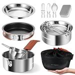 Odoland 10pcs Camping Cookware Mess Kit, 304 Stainless Steel Lightweight Cooking Set with Plate Bowl Forks Knives Spoons - Perfect for Backpacking, Camping, Hiking, and Picnic