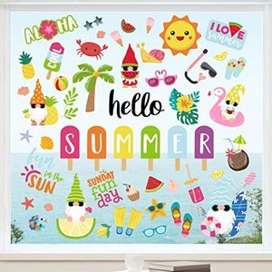 Whaline 9 Sheets Summer Window Clings Cartoon Gnome Ice Lolly Prints Double-Sided Windows Decals Sun Beach Window PVC Stickers Anti-Collision for Summer Home Room Classroom Decor Party Supplies
