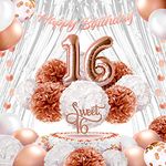 EpiqueOne Sweet 16 Birthday Decorations for Girls - Rose Gold Sweet 16 Party Decorations; Happy Birthday Banner, Cake Topper, Paper Pom Poms, Balloons, Photo Backdrop Curtains, Sweet 16 Party Supplies