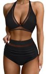 Womens 2 Piece Tankini Swimsuits Sets Sexy Halter V Neck Bottom with Shorts High Waisted Tummy Control Swimwear Tag XL