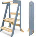 Foldable Learning Tower, Kitchen Stool for Kids with Non-Slip Design,Wooden Toddler Standing Towers with 3 Adjustable Heights & Safety Rails,Montessori Step Stool for Kitchen Counter Bathroom (Grey)