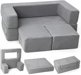 GIMMYFIVE Kids Couch Toddler Play Couch for Bedroom Playroom, 3 in 1 Sectional Sofa for Kids' Play and Rest, Modular Mini Couch for Kids, Grey