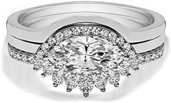 TwoBirch 18k White Gold MicroplatedEast West Marquise Three Ring Bridal Set with Plain Contour Band and Tiara Prong Style Curved Ring (925 Silver, Size 8)