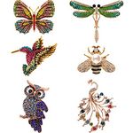 6 Pieces Women Brooch Set Crystal Pin Brooch Colorful Animal Shape Brooch Pin for Women Girls Party Favors (Dragonfly, Butterfly, Hummingbird, Owl, Peacock, Bee Design)