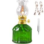 Kerosene Oil Lamp for Indoor Use,1 Glass Kerosene Lamp,2 Wicks and 1 Tweezers,Classic Retro Hurricane Lantern Decoration Outdoor Camping (Green)