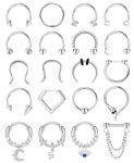 BESTEEL 20Pcs Septum Rings 16G Surgical Steel Hinged Septum Clicker Nose Rings Hoop for Women Men Cute CZ Dangle Horseshoe Hinged Septum Lip Helix Tragus Daith Cartilage Piercing Jewelry 10MM