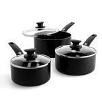 GreenPan Cambridge Healthy Ceramic Non-Stick Saucepan Set ,16cm/1.5L, 18cm/2.1L and 20cm/3.1 L Pot Set with lids, PFAS-Free, Induction, Oven Safe, Black