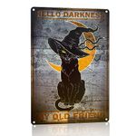 CrazySign Hello Darkness My Old Friend Black Cat Spooky Vintage Sign Wall Decor 8"*12" (201)