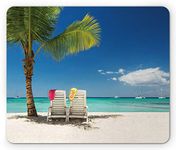 Ambesonne Seaside Mouse Pad, Relaxing Scene on Remote Beach with Palm Tree Chairs and Boats Panoramic Picture, Rectangle Non-Slip Rubber Mousepad, Standard Size, Green Blue