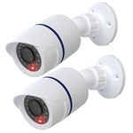 WALI Dummy Fake Camera, Surveillance Security CCTV Dome Camera, Indoor Outdoor Dummy Camera with Flashing Red LED Light and Security Alert Sticker Decals, 2 Pack, White (TC-W2)