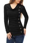 Allegra K Women's Cowl Neck Long Sleeves Buttons Decor Ruched Top Black 4