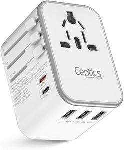 Ceptics 6 in 1 Universal Travel Adapter with Type C - Worldwide Travel Adapter, Universal Plug Socket, 3xUSB-A, 1xPD/QC 3.0 & 1x USB-C, W/3.1A Fast Charging - International Travel Adapter - White