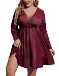 IN'VOLAND Plus Size Women's Plus Size Long Sleeve Surplice Deep V Belted Ruched Mini Party Bodycon Dress Wine Red 22Plus