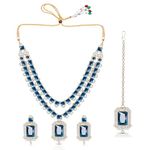 IIJ Teal Blue and White Necklace with Stud Earrings | Two-Layered and Sparkling Square-Shaped Rhinestone Crystal Design | Maang Tikka for Wedding Jewellery Set for Women and Girls