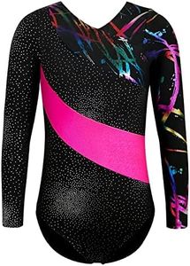 Long Sleeve Leotards for Girls Gymnastics Size 5-6 Year Old Black Hot Pink Colorful Multicolored Ribbons Sleeved Outfits for Tumbling Dance Unitard