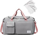 NPBAG Duffel Bag for Women, Sports Gym Bag with Wet Pocket & Shoes Compartment, Lightweight Weekender for Overnight, Travel Carry on Tote, Water Resistant (Light Grey with Pink Handles)